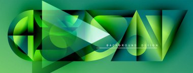 Soyut geometrik şekiller, canlı yeşil renkler, modern tasarım. Üst üste binen katmanlar dinamik görsel doku yaratır. Arkaplan metin ögelerini içerir.