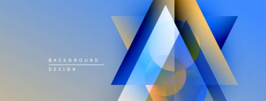 Soyut geometrik şekiller örtüşür, dinamik görsel efekt yaratır. Mavi, altın renkleri yumuşak gradyan arkaplana hakim. Mevcut en küçük metin.