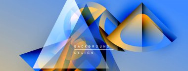 Soyut geometrik şekiller örtüşüyor, dinamik mavi, turuncu gradyanlar yaratıyor. Modern tasarım elementleri yenilik ve teknoloji öneriyor. Arkaplanda metin arkaplan tasarımı.