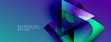 Soyut geometrik şekiller canlı mavileri, morları, yeşillikleri harmanlarlar. Modern tasarım enerjiyi, derinliği, görsel ilgiyi çağrıştırıyor.