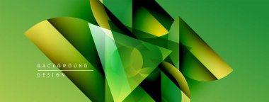 Soyut geometrik tasarım. Yeşil gradyanlar dinamik şekiller oluşturur, modern estetik. Arkaplan özellikleri katmanlı biçimler, pürüzsüz geçişler.