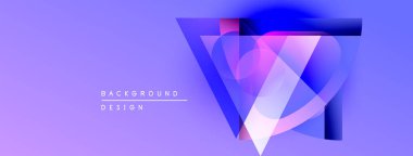 Soyut geometrik tasarım. Mor, mavi renkler katmanlı şekiller yaratır. Metin elemanları mevcut modern arkaplan.