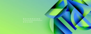 Soyut geometrik şekiller örtüşüyor, canlı yeşil, mavi renkler yaratıyor. Arkaplan ve sunumlar için modern tasarım ögesi.