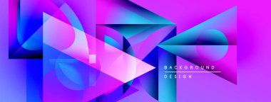 Canlı, soyut bir kompozisyon. Üst üste binen şekiller dinamik eğimler yaratır. Mor, mavi renkler dizaynın baskın renkleri. Modern estetik.