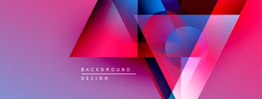 Soyut geometrik şekiller örtüşüyor, canlı renk eğimleri yaratıyor. Pembe, mavi, kırmızı renkler tasarımda baskın. Modern estetik.