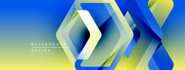 Soyut geometrik şekiller örtüşür, dinamik mavi, sarı bir eğim yaratır. Arkaplan, pankart ve sunumlar için modern tasarım ögesi.