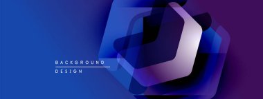 Soyut geometrik tasarım. Mavi, mor renkler katmanlı şekiller yaratır. Modern estetik, arka planlar ve sunumlar için uygun..