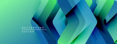 Soyut geometrik şekiller örtüşür, canlı bir gradyan arkaplan oluşturur. Mavi, yeşil renkler tasarıma egemen, modern estetik.