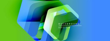 Soyut geometrik şekiller çakışıyor. Yeşil, mavi renkler dinamik görsel efekt yaratır. Modern tasarım elementleri yenilik ve teknoloji öneriyor.