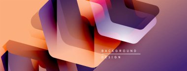 Soyut geometrik şekiller örtüşüyor, canlı renk eğimleri yaratıyor. Turuncu, mor, kahverengi renkler tasarımda baskın. Modern estetik.