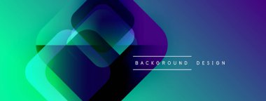 Soyut gradyanlar çakışıyor, dinamik görsel etki yaratıyor. Modern tasarım elementleri yenilik, teknoloji ve enerji öneriyor. Arkaplanda deniz mavisi ve mor renkler var.