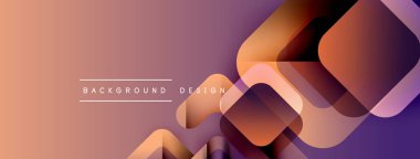 Soyut geometrik şekiller üst üste binerek katmanlı görsel efekt yaratır. Sıcak renk paleti, turuncu ve mor renklerle dizaynın baskın rengidir. Minimalist metin mevcut.
