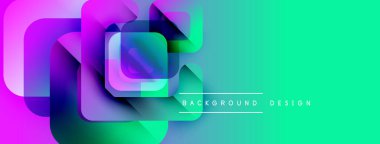 Canlı soyut tasarım özellikleri üst üste binen kareler, gradyanlar. Turkuaz, mor renkler modern görsel etki yaratır. Arkaplan metni mevcut.