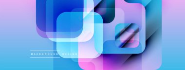 Soyut geometrik şekiller çakışıyor. Renkler karışıyor, modern tasarım yaratıyor. Mavi, mor renkler kompozisyona hakim. Minimalist estetik.