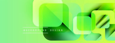 Parlak yeşil soyut arka plan. Üst üste binen kareler, dikdörtgenler dinamik görsel efekt yaratır. Modern tasarım elemanları.