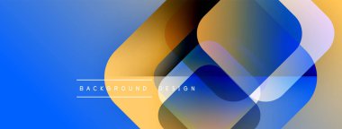 Soyut geometrik şekiller örtüşür, parlak mavi, turuncu, mor renkler yaratır. Arkaplan ve sunumlar için modern tasarım ögesi.