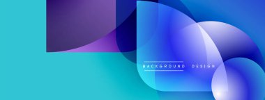 Soyut arkaplan parlak mavi, mor renkler içerir. Üst üste binen şekiller dinamik görsel efekt yaratır. Modern tasarım elemanları.