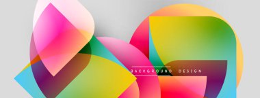 Soyut renkli şekiller örtüşür, dinamik bileşim yaratır. Parlak gradyanlar, modern tasarım elementleri mevcut. Metin arkaplan tasarımı okur.