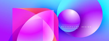 Soyut canlı tasarım, üst üste binen şekiller, gradyanlar. Mavi, mor renkler kompozisyona hakim. Modern estetik.