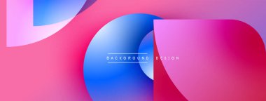 Soyut geometrik şekiller, canlı pembeler, maviler modern arka plan yaratır. Yumuşak eğimler, üst üste binen biçimler derinlik ve dinamizmi akla getiriyor..