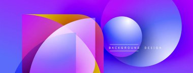 Soyut, enerjik bir arkaplan. Üst üste binen şekiller dinamik görsel efekt yaratır. Mor, mavi, sarı renkler kompozisyona hakim. Modern tasarım ögesi.