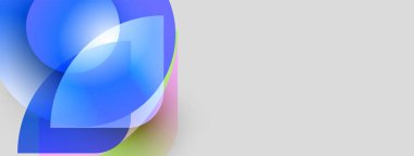 Soyut şekiller örtüşüyor, canlı mavi ve mor renkler yaratıyor. Yumuşak eğimler hareketi, ışık etkileşimini önerir. Minimalist tasarım.