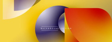 Soyut geometrik şekiller örtüşüyor, canlı renk eğimleri yaratıyor. Sarı, mor, turuncu renkler tasarımda baskın. Modern estetik.