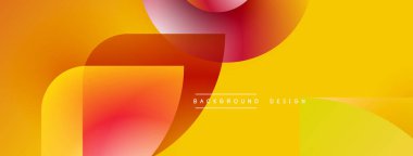 Soyut arkaplanda canlı turuncu, kırmızı, sarı gradyanlar var. Üst üste binen yuvarlak şekiller dinamik görsel efekt yaratır. Modern tasarım.