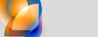 Soyut şekiller örtüşüyor, canlı turuncu, mavi renkler yaratıyor. Minimalist tasarım, temiz arka plan, modern estetik. Yumuşak eğimler mevcut.