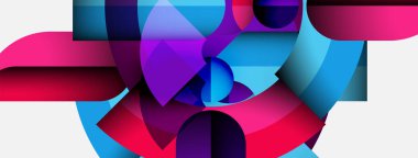 Canlı örtüşen şekiller içeren soyut bir kompozisyon. Pembe, mor, mavi renkler dinamik görsel deneyimler yaratır. Modern tasarım.