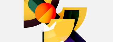 Soyut geometrik şekiller örtüşür ve canlı bir bileşim yaratır. Sarılar, portakallar, morlar nötr arka plana hakim. Modern tasarım.