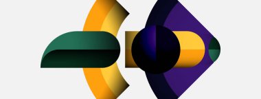 Soyut şekiller örtüşür, canlı renk kombinasyonları yaratır. Sarı, yeşil, mor renkler kompozisyona hakim. Modern tasarım elemanları.