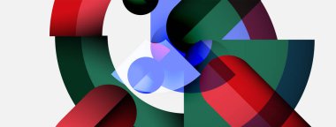 Soyut kompozisyon, üst üste binen şekiller, canlı renkler. Kırmızı, yeşil, mavi beyaz arka plana hakim. Modern tasarım, geometrik formlar dinamik görsel efekt yaratır.