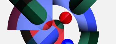 Üst üste binen daireler, kavisler, canlı renkler içeren soyut kompozisyon. Minimalist tasarım, beyaz arkaplanda mavi, kırmızı, yeşil renkler.