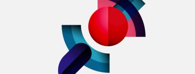 Soyut şekiller, canlı renkler, dinamik kompozisyon. Kırmızı küre, kıvrımlı elementlerle çevrili. Modern tasarım, temiz estetik.