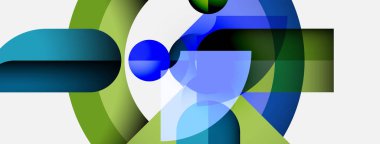 Soyut kompozisyon, üst üste binen şekiller, maviler, yeşiller, beyaz alan. Modern tasarım akıcılığı, dinamizmi, görsel ilgiyi çağrıştırıyor.