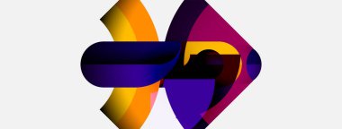 Soyut tasarım canlı mor, turuncu renkler içerir. Şekiller birbirine dolanır, dinamik görsel etki yaratır. Modern, renkli kompozisyon.