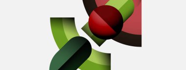 Üst üste binen küreler, gradyanlar içeren soyut kompozisyon. Kırmızı küre, yeşil ve kahverengi renklerle tezat oluşturur. Minimalist tasarım, temiz arkaplan.