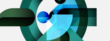 Üst üste binen şekiller içeren soyut kompozisyon, güzel renk paleti. Maviler, yeşiller dinamik görsel deneyimler yaratır. Modern tasarım.