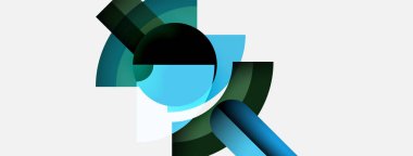 Soyut geometrik şekiller örtüşür, dinamik bileşim yaratır. Maviler, yeşiller nötr arka plana hakim. Modern tasarım elemanları.