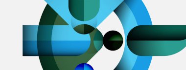 Üst üste binen daireler, dikdörtgenler içeren soyut bir kompozisyon. Gözlük mavi, yeşil baskın tasarım. Minimalist estetik, modern his.