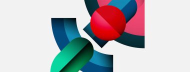 Üst üste binen renkli şekiller içeren soyut bir kompozisyon. Kırmızı küre, deniz mavisi, pembe ve donanma elementleriyle çelişiyor. Minimalist tasarım.