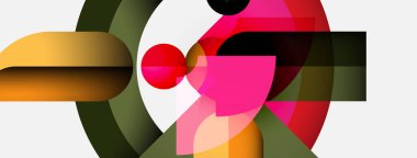 Üst üste binen geometrik şekilleri içeren soyut bileşim. Renkler arasında pembe, kırmızı, yeşil, turuncu, siyah, beyaz yer alıyor. Modern tasarım elemanları.