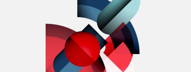 Soyut bileşim, üst üste binen geometrik şekiller içerir. Kırmızı, mavi renkler baskın, dinamik görsel etki yaratıyor. Minimalist tasarım.