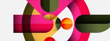 Üst üste binen renkli daireler, kareler içeren soyut bir kompozisyon. Modern tasarım, canlı renkler dinamik görsel efekt yaratır.