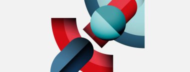 Soyut geometrik şekiller örtüşür, dinamik bileşim yaratır. Kırmızı, mavi, deniz mavisi renkleri beyaz arkaplana hükmediyor. Modern tasarım elemanları.