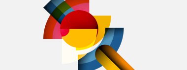 Soyut geometrik bileşim. Üst üste binen daireler, kıvrımlar, dikdörtgenler dinamik görsel efekt yaratır. Parlak renkler beyaz arkaplana hakim.