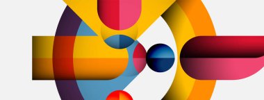 Üst üste binen renkli daireler, kavisler, şekiller içeren soyut bir kompozisyon. Modern tasarım, canlı renkler, geometrik desenler görüntüye hakim..