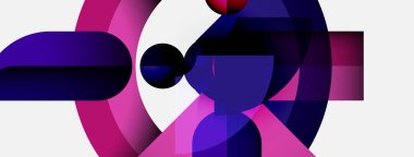 Soyut kompozisyon. Üst üste binen şekiller, pembeler, morlar, beyaz arka plan. Modern tasarım, geometrik biçimler, canlı renkler. Minimalist estetik.