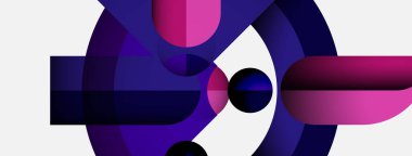 Üst üste binen daireler, gradyanlar içeren soyut kompozisyon. Pembe, mor renkler beyaz arkaplana hakim. Modern, minimalist tasarım.